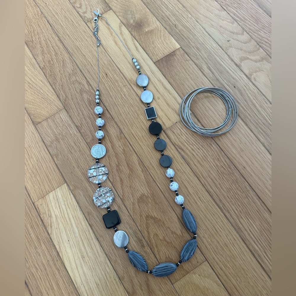 New York and Company Elegant Silver and Black Necklace and Bangle Bracelet Set
